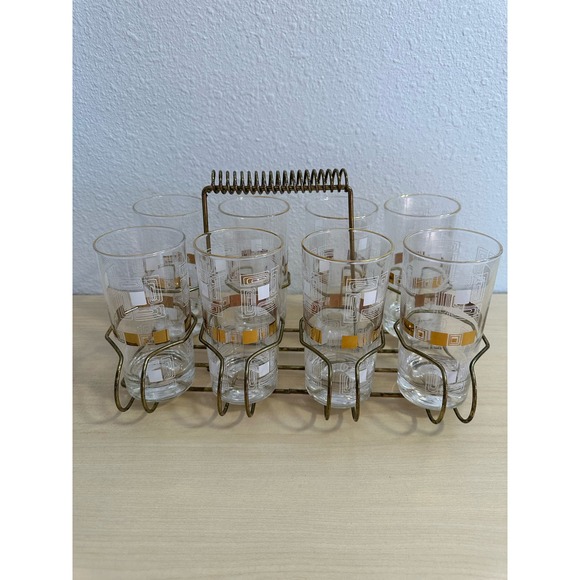 8 Vintage 1950's Block Geometric Tom Collins Glasses Gold Rim Metal Carrier - Picture 1 of 12